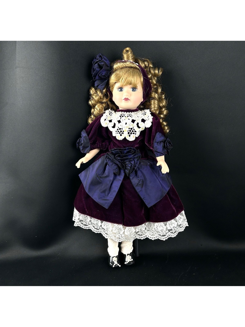 Brass Key Porcelain Doll Blue Eyes Blonde Ringlets Hair Purple Velvet Dress